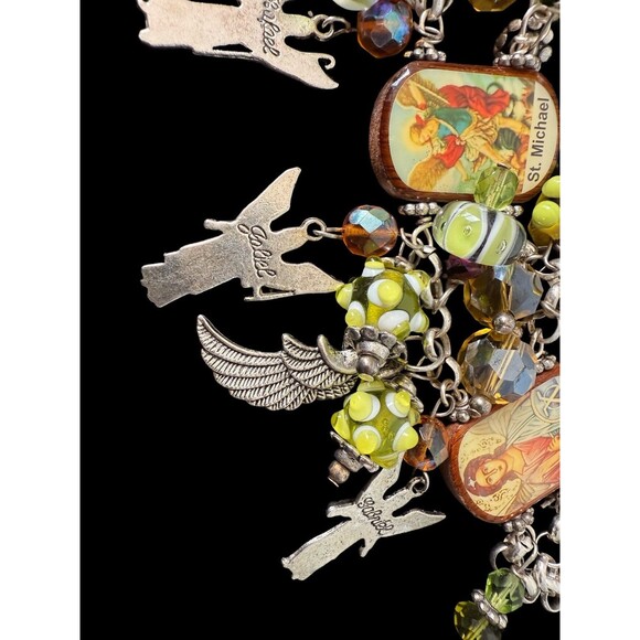 Vintage Religious Charm Chunky Bracelet – Archangels & Saint Icons – Glass Beads - Picture 12 of 14